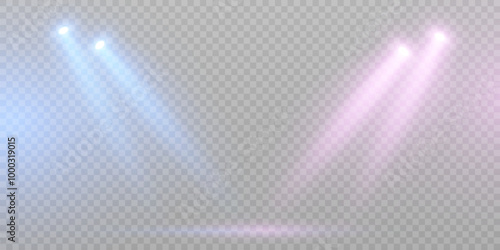 Stage lighting with purple and blue LED strobe lights. Laser light show. Empty stage before the performance. Spotlights on a transparent background.	