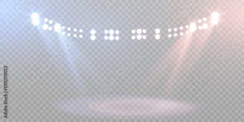 Stage lighting with purple and blue LED strobe lights. Laser light show. Empty stage before the performance. Spotlights on a transparent background.	