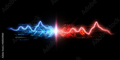 Light energy explosion effect when colliding with lightning, light arrow collision of two forces. Vector