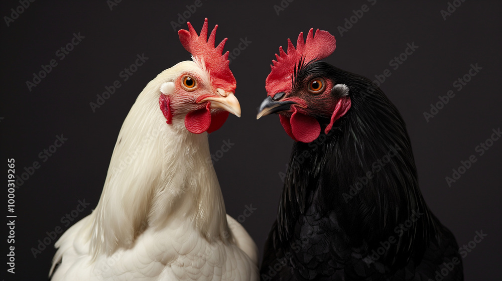 Fototapeta premium Portrait of White and Black Chickens on Dark Background