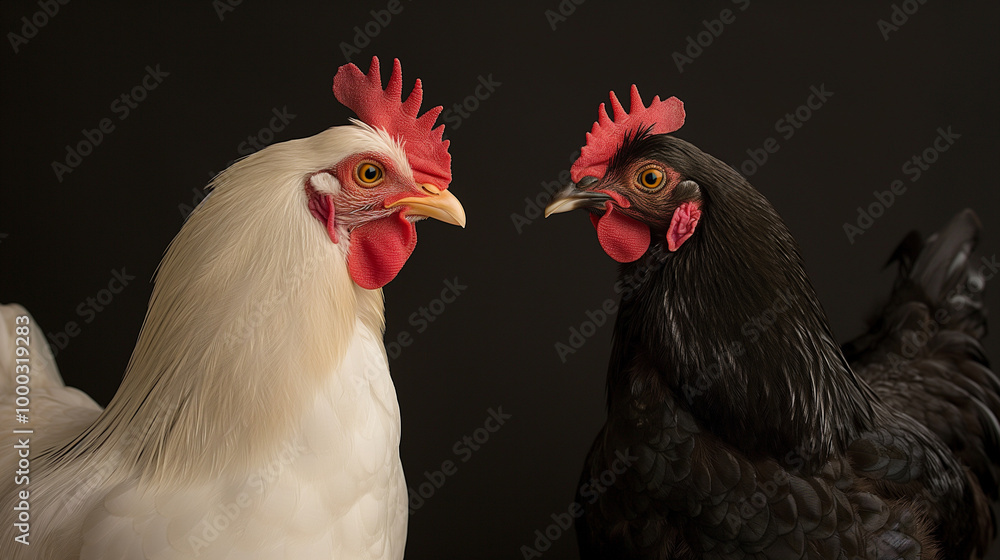Fototapeta premium Two Chickens on Black Background