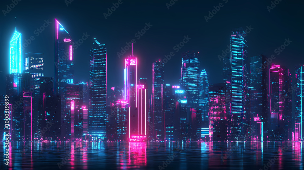 City skyline cyberpunk neon on dark background. beautiful generative ai Neon Skyline. Illustration City skyline cyberpunk neon on dark background. beautiful generative ai Neon Skyline. Illustration
