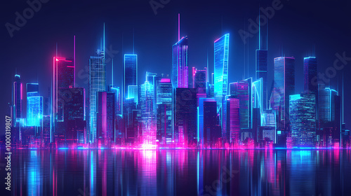 City skyline cyberpunk neon on dark background. beautiful generative ai Neon Skyline. Illustration