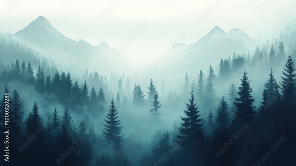 Misty Mountain Forest with Silhouetted Trees Misty Mountain Forest with Silhouetted Trees