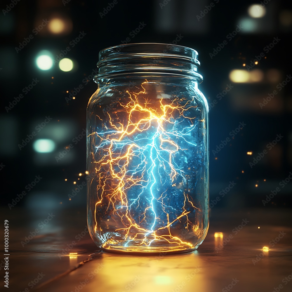 A glass jar filled with blue and yellow lightning bolts. A glass jar filled with blue and yellow lightning bolts.