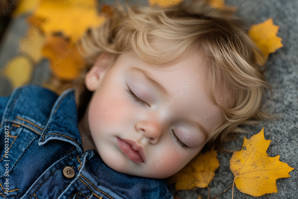 A portrait of a pretty boy sleeping on a stone in an autumn park, a close -up face with eyes closed and blond hair, surrounded by yellow leaves. A portrait of a pretty boy sleeping on a stone in an autumn park, a close -up face with eyes closed and blond hair, surrounded by yellow leaves.