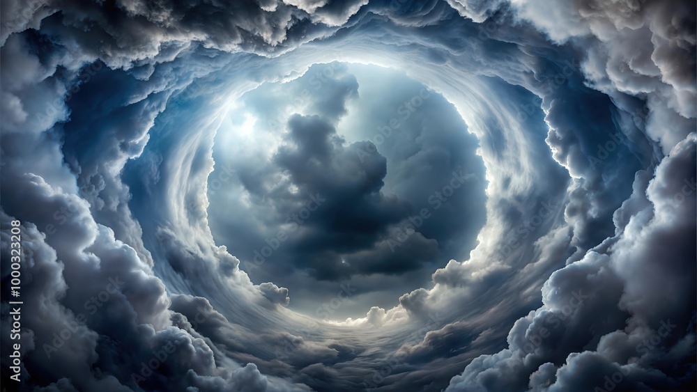 Naklejka premium Fluffy Tunnel Storm Clouds in the Skyline: Majestic Cloud Formations and Scenic Sky Views for Atmospheric Visuals for Poster and Digital Design Projects