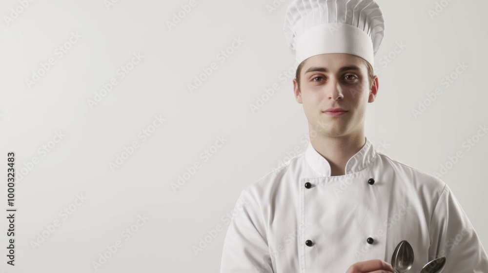 Portrait of a Confident Chef in White Uniform Holding Spoons Portrait of a Confident Chef in White Uniform Holding Spoons