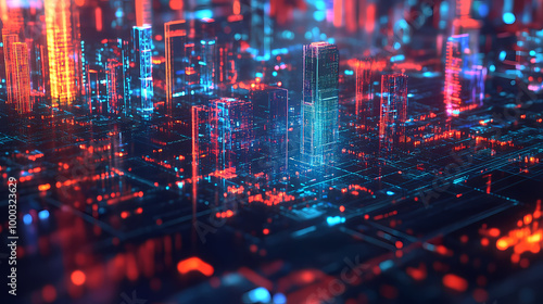 Digital city hologram close up. generative ai. Holographic City. Illustration