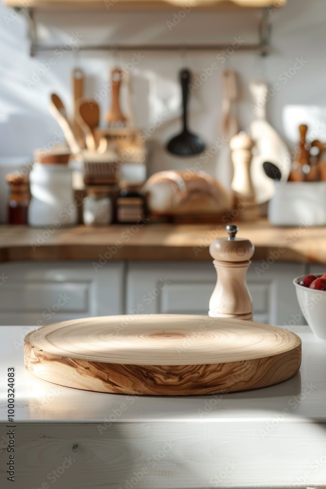 Wooden cutting board against a bright, modern kitchen backdrop. Kitchen podium background for food product. Ideal for culinary websites, blogs, or any content focused on cooking. Wooden cutting board against a bright, modern kitchen backdrop. Kitchen podium background for food product. Ideal for culinary websites, blogs, or any content focused on cooking.