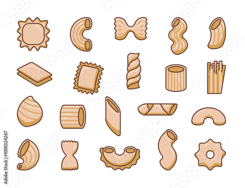 Macaroni in different shapes. Tasty pasta product. Hand drawn style. Vector drawing. Collection of design elements.