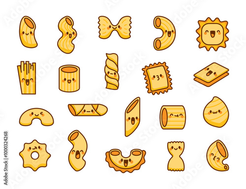 Cute kawaii macaroni. Adorable cartoon pasta. Hand drawn style. Vector drawing. Collection of design elements.