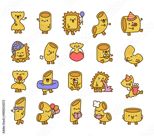 Cute macaroni characters. Cartoon pasta product. Hand drawn style. Vector drawing. Collection of design elements.