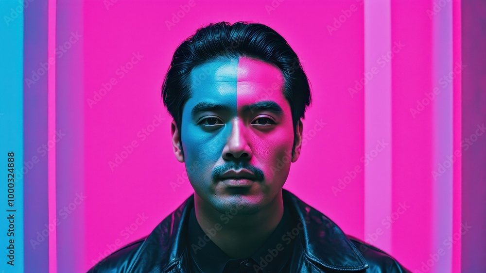 A man with a serious expression is illuminated by vibrant blue and pink lighting. A man with a serious expression is illuminated by vibrant blue and pink lighting.