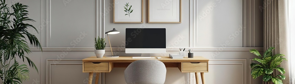 Modern workspace featuring a minimalist desk, computer, and plants, creating a serene and productive environment. Modern workspace featuring a minimalist desk, computer, and plants, creating a serene and productive environment.