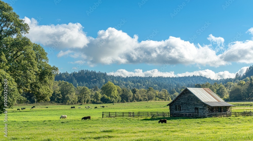 A beautiful farm stay scene with a rustic cabin, green fields, farm animals, and a bright blue sky, representing a peaceful rural escape A beautiful farm stay scene with a rustic cabin, green fields, farm animals, and a bright blue sky, representing a peaceful rural escape