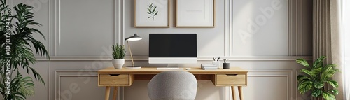 Modern workspace featuring a minimalist desk, computer, and plants, creating a serene and productive environment.