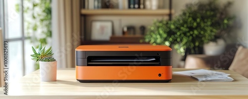A vibrant orange printer on a wooden desk surrounded by plants, showcasing a modern workspace aesthetic.