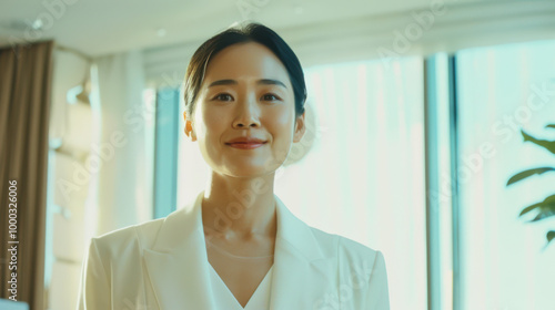Free Download Woman in a white blazer smiles confidently in a well-lit modern office during the day - GFXLoad