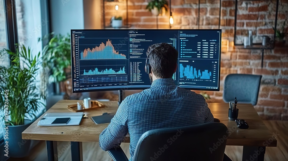 A focused individual analyzes financial data on dual monitors in a modern workspace with plants and a rustic brick wall. A focused individual analyzes financial data on dual monitors in a modern workspace with plants and a rustic brick wall.