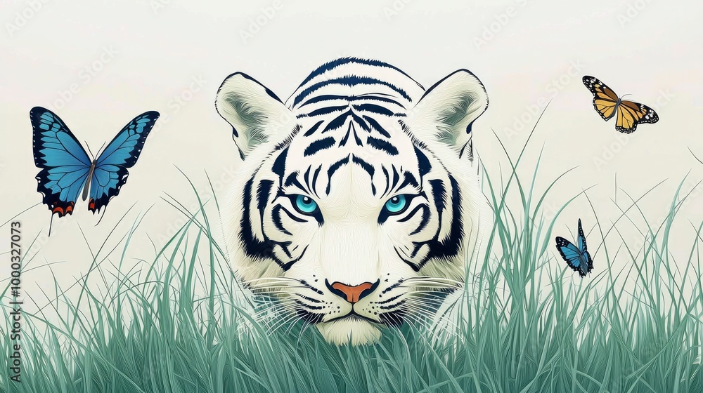 Fototapeta premium Majestic White Tiger in Lush Grass with Butterflies