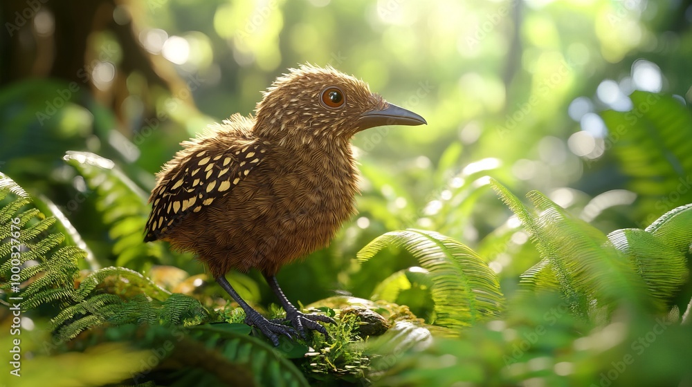 Obraz premium The Enchanting Kiwi: A Flightless Bird Amidst the Lush Green Ferns and Grass of Its Native Habitat