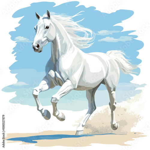 Dynamic White Horse Vector Running - Professional Equestrian Illustration