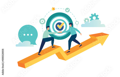 vector illustration represents teamwork and success, featuring two businesspeople shaking hands atop an upward arrow, symbolizing growth and achievement. Surrounded by goal-oriented icons like a 