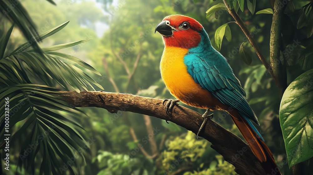 Obraz premium In the Heart of the Jungle: A Colorful Wild Bird Gracefully Perched on a Tree Branch, Celebrating the Vibrant Beauty of Nature and the Harmony of Exotic Wildlife