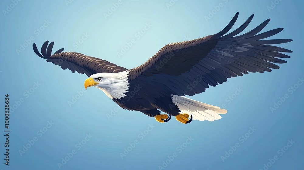 Naklejka premium Soaring Through the Skies: A Vibrant Cartoon Representation of a Bald Eagle as a Fierce and Playful Predator, Embodying Strength and Freedom in a Dynamic 3D Vector Illustration
