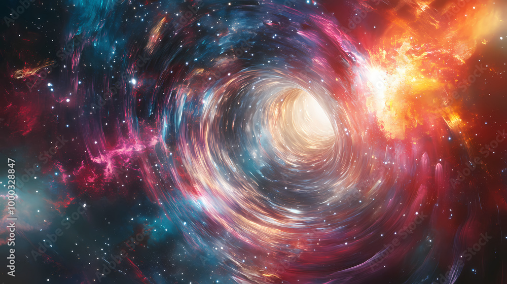 Obraz premium Interstellar travel through a wormhole in deep space at the speed of light. Deep Space Travel. Illustration