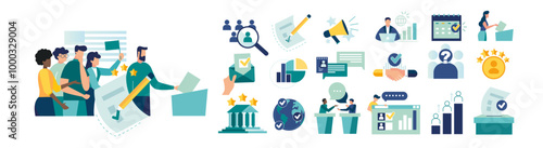 Ballot voting group people mega set, make decision and put paper ballot in box vote, mail polling square banners set. vector flat illustration fair elections Survey icon set. Containing feedback