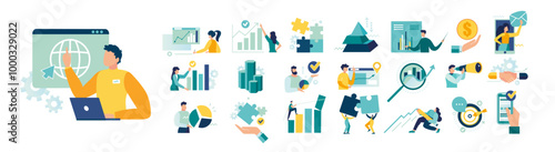 business graphs and charts team concept mega set. infographics Group workers work office. Collection Bundle of scenes with people men women, teamwork in office business activity. vector illustration 