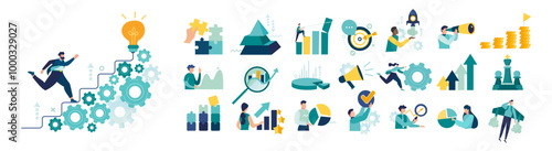 Success icon set business. Successful business development team work concept mega set, plan and process symbol business activity. people scenes icons vector collection. vector illustration