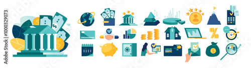 Loan interest rate set business. bank building money team work concept loan interest rate icon mega set, reduced interest rate for car home process symbol business activity people vector illustration