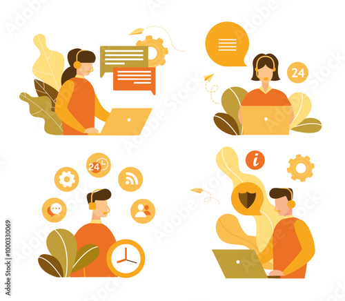 Vector illustration customer service, Live support concept. Business customer care service, Info center, customer online communication clients assistance, helpful information.