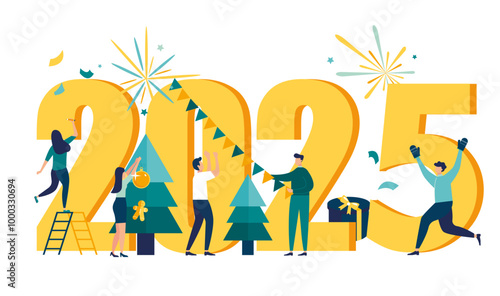 2025 new year and Merry Christmas welcome. people are preparing for the New Year, are engaged in decoration, the inscription New Year 2025. Vector illustration little people Happy new year