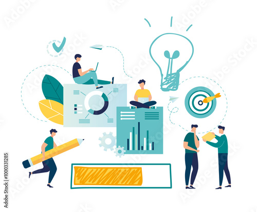 loading idea. process inventing the new idea. path of creating idea of light bulb point on way to success. Business plan strategy introducing innovations in innovations in company vector illustration