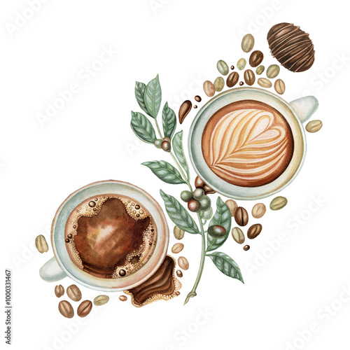 Coffee cups top view  illustration. Composition with  mugs, beans, coffee plant, sweets and other details on transparent background. 
