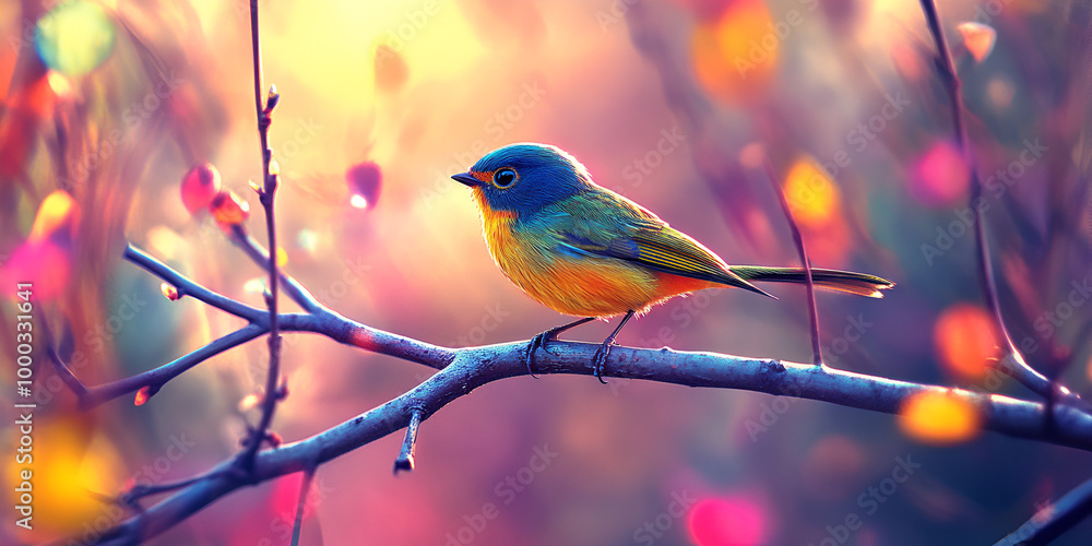 Colorful Bird on Branch with Magical Lighting Colorful Bird on Branch with Magical Lighting