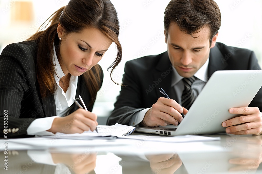 Businesswoman Presenting Marketing Plan to Male Colleague - Professional Collaboration Concept on White Background