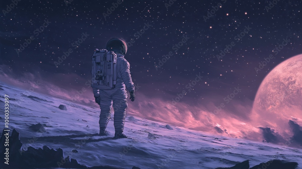 Naklejka premium Astronaut Contemplating a Distant Planet Under a Starry Sky