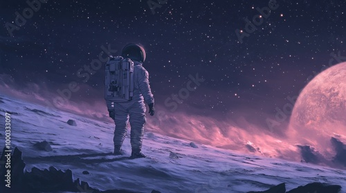 Astronaut Contemplating a Distant Planet Under a Starry Sky