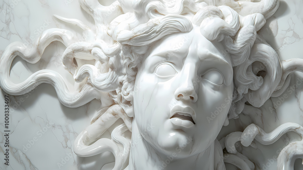Image featuring a white marble bust of medusa, otherwise known as gorgo, a mythological monster slain by the hero perseus in ancient greek mythology. Medusa. Illustration Image featuring a white marble bust of medusa, otherwise known as gorgo, a mythological monster slain by the hero perseus in ancient greek mythology. Medusa. Illustration