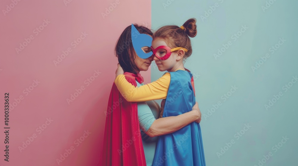 Two individuals standing back-to-back in superhero costumes against a dual-colored pink and blue background, faces obscured. Two individuals standing back-to-back in superhero costumes against a dual-colored pink and blue background, faces obscured.
