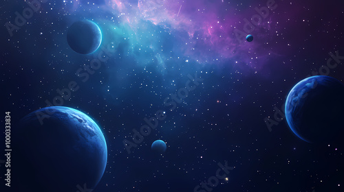 Image of planets in outer space against the background of stars and nebulae. Deep Space Travel. Illustration