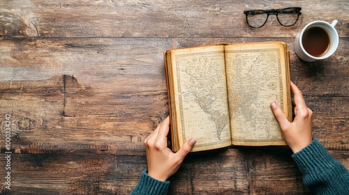 An overhead shot of a person reading an old, leather-bound book with a vintage map and glasses placed on the side, creating a scholarly, timeless vibe photo