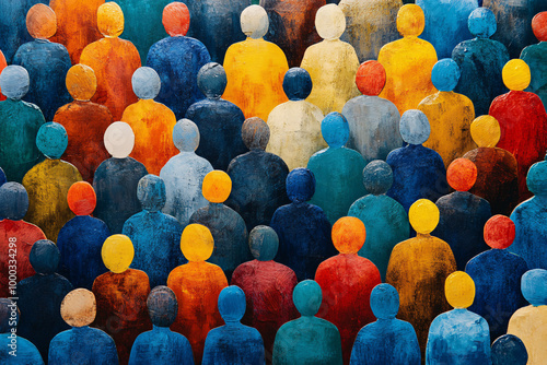 A painting of a crowd of people with different colored heads photo