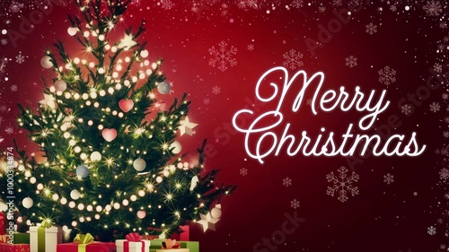 Festive Christmas tree adorned with lights and ornaments, set against a red background with snowflakes and "Merry Christmas" text