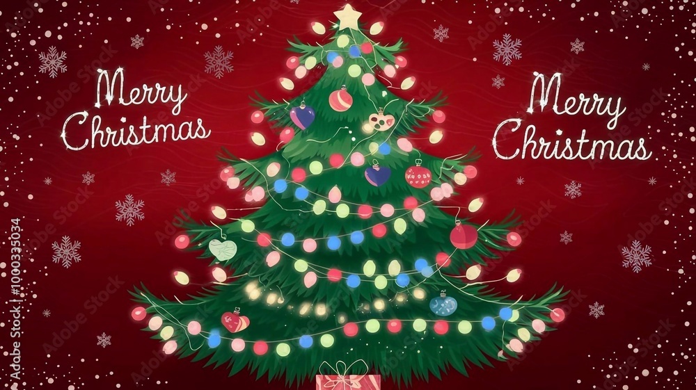 Festive Christmas tree adorned with lights and ornaments, set against a red background with snowflakes and Festive Christmas tree adorned with lights and ornaments, set against a red background with snowflakes and